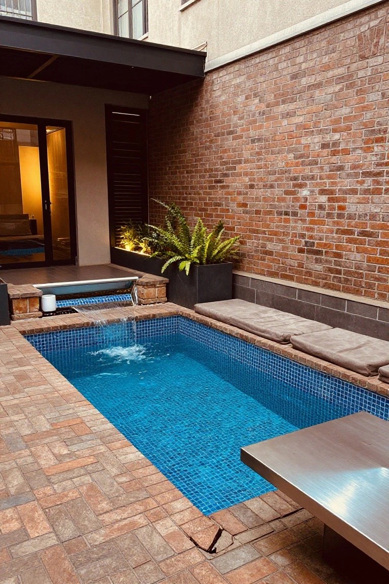 Small rectangular inground pool with blue mosaic tiles and a waterfall cascading from a white trough into the water, surrounded by brick pavers, built-in cushioned benches, a metal table, potted fern, and brick walls.