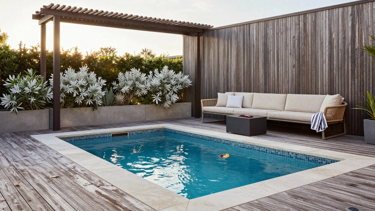 Wooden slatted pergola shading rattan armchairs with cushions, a cushioned bench, and black cylindrical fire pit on weathered wooden deck next to turquoise tiled inground pool and spa, with silver-leaf plants, white flowers, and agaves in tall concrete pots.
