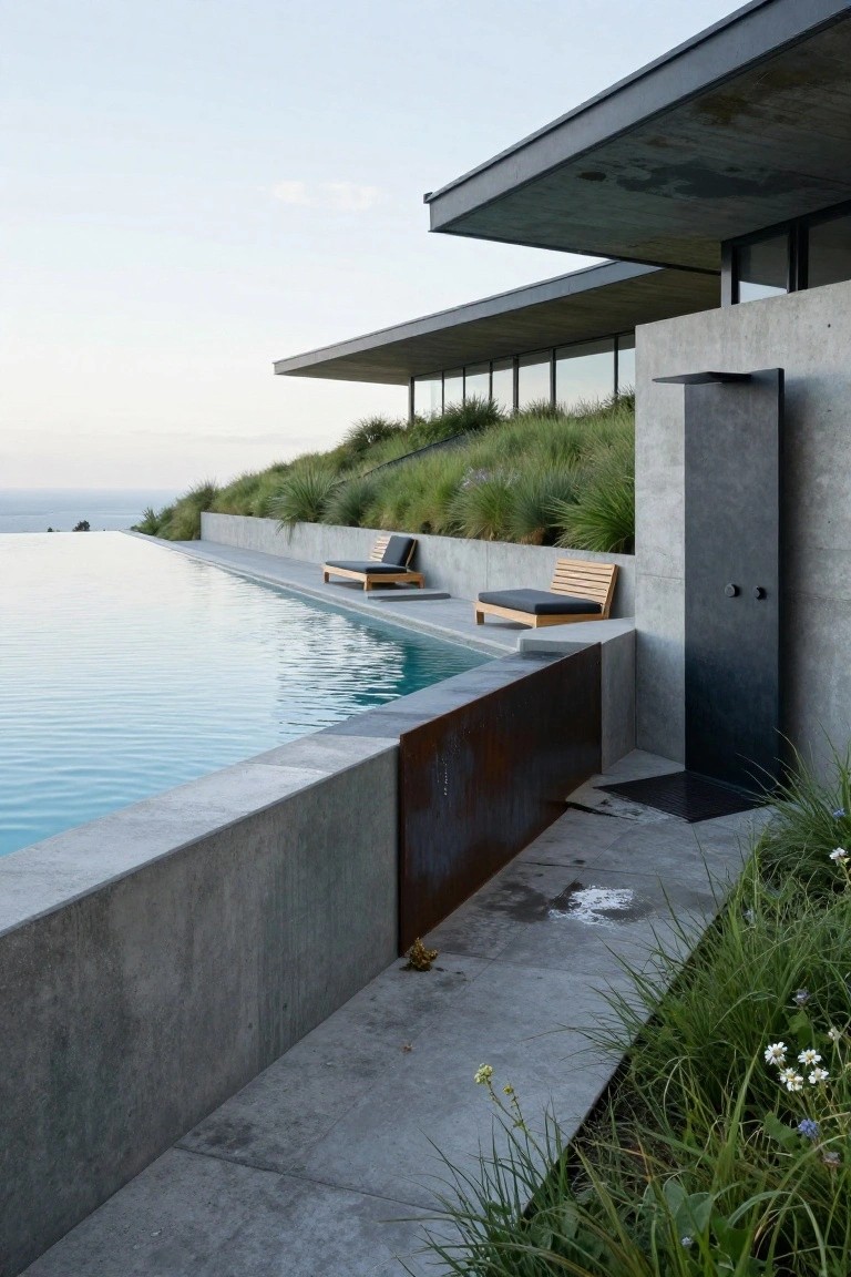 Modern concrete infinity-edge inground pool on a grassy hillside overlooking the ocean, with two wooden lounge chairs on the deck, rusted steel wall, grasses, flowers, and an outdoor shower structure.