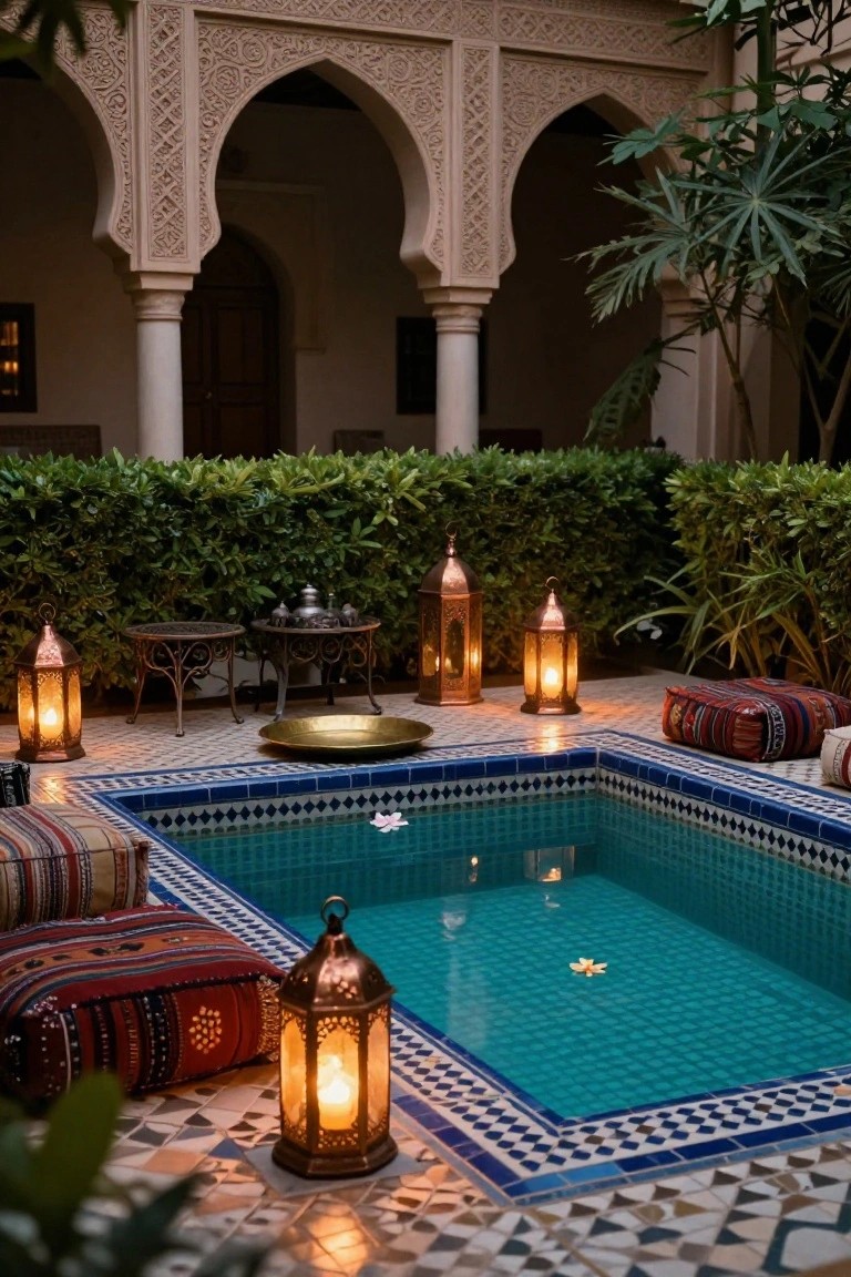 Small turquoise-tiled inground pool in a Moroccan-style courtyard surrounded by brass lanterns, colorful floor poufs, low tables, and potted plants at dusk.