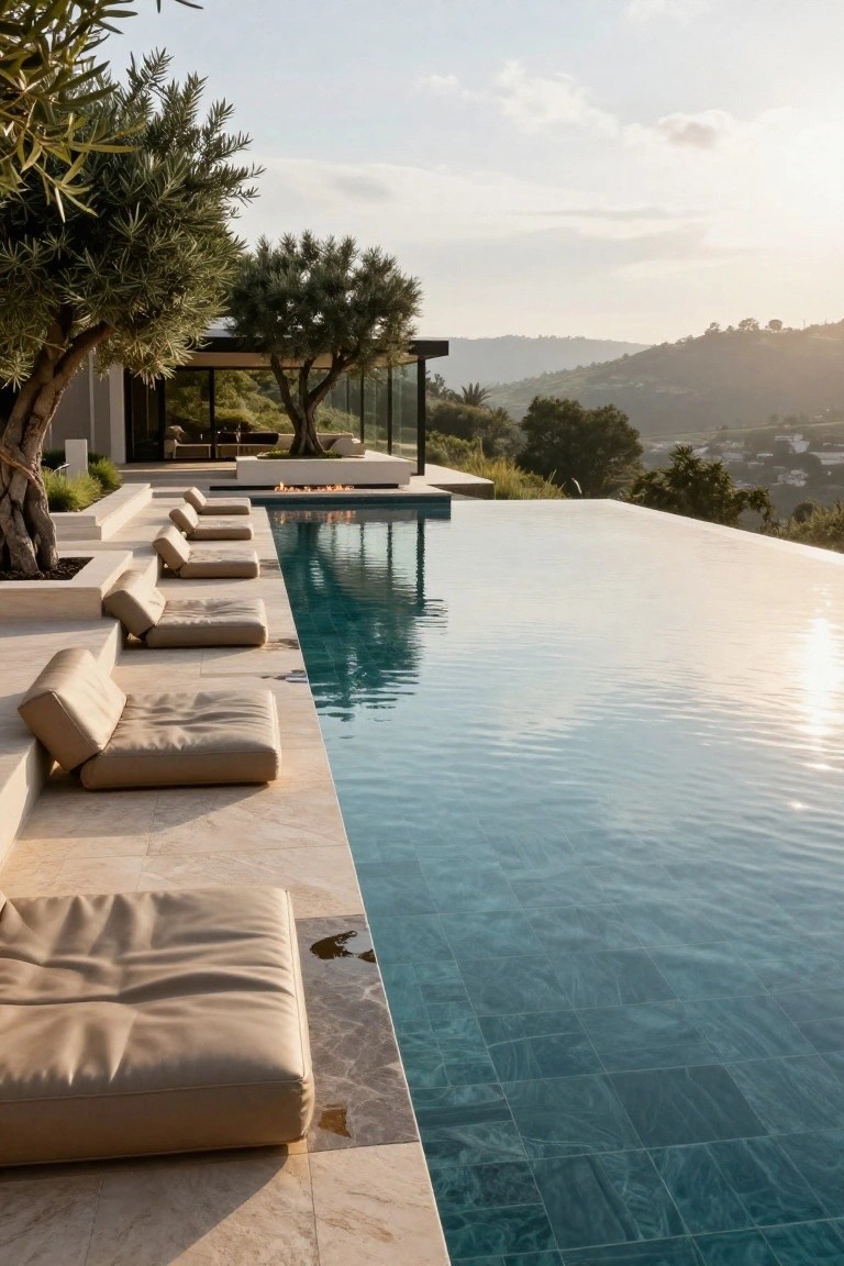 Infinity-edge pool with multiple low beige loungers aligned along the travertine deck edge, flanked by olive trees, a fire feature, and a modern house against a hilly backdrop at sunset.