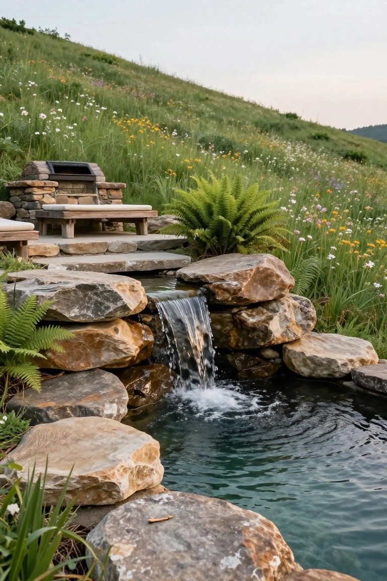 Small turquoise inground pool fed by a waterfall cascading over stacked natural stone boulders and ferns, with stone steps, benches, and grill set amid wildflowers on a grassy hillside.