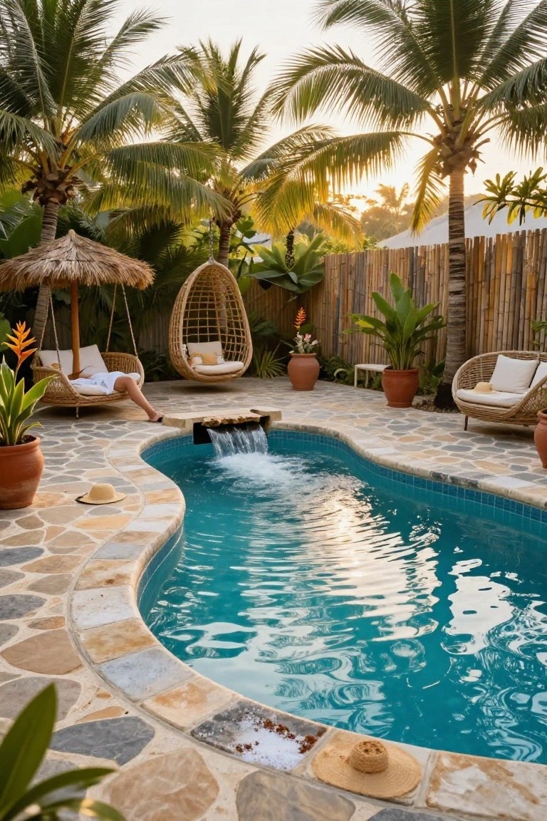 Curved inground pool with light blue tiles, pebble stone surround, integrated rock waterfall, hanging woven chairs under thatched umbrella, rattan loungers, potted plants, and palm trees enclosed by bamboo fence.
