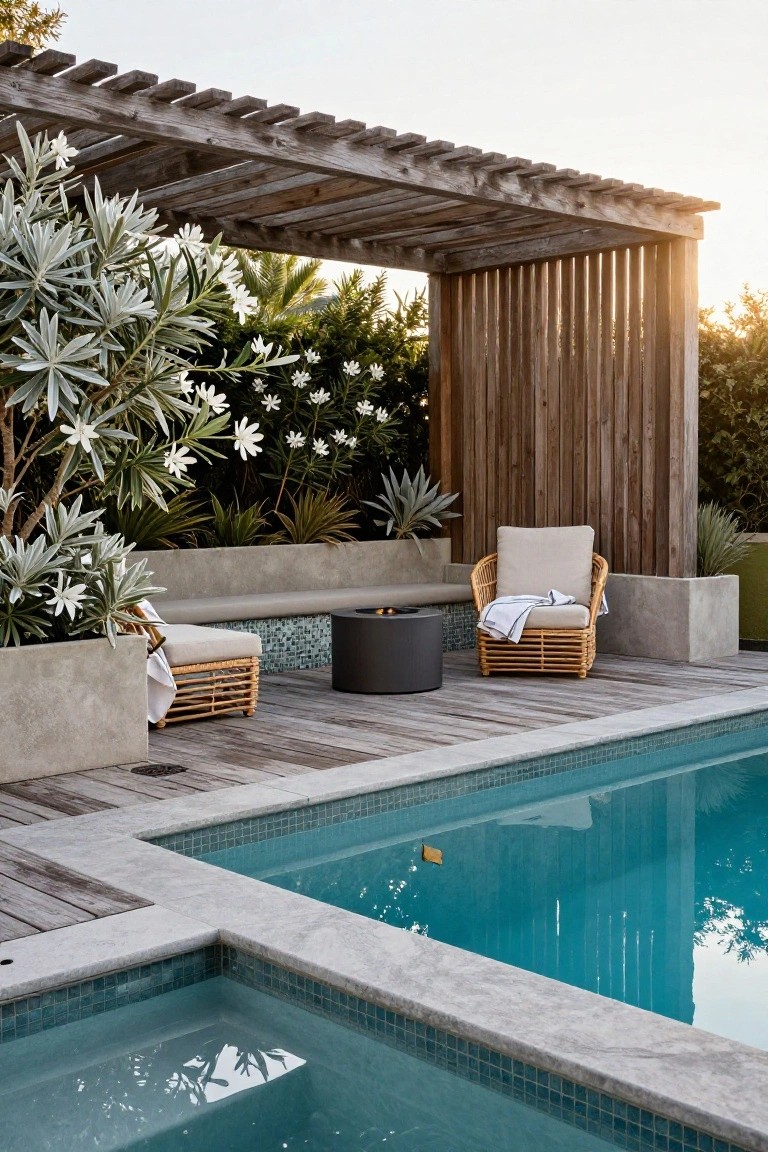 Wooden slatted pergola shading rattan armchairs with cushions, a cushioned bench, and black cylindrical fire pit on weathered wooden deck next to turquoise tiled inground pool and spa, with silver-leaf plants, white flowers, and agaves in tall concrete pots.