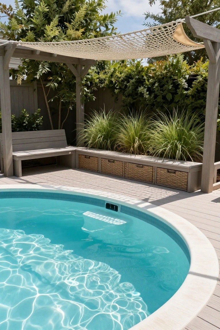 Round turquoise inground pool edged in white tile and light wood decking, with a built-in gray wood bench featuring wicker basket storage boxes, under a wooden pergola draped in beige net canopy, flanked by tall green grasses and plants against a fence.