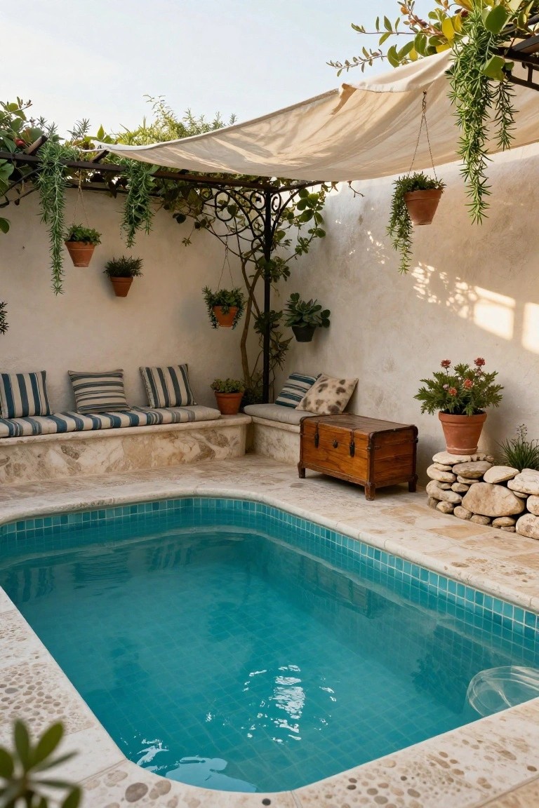 Small turquoise-tiled inground pool with light stone surround and built-in L-shaped benches topped with blue-and-white striped cushions, wooden chest, potted plants, hanging greenery, and beige fabric canopy on metal pergola against white walls.