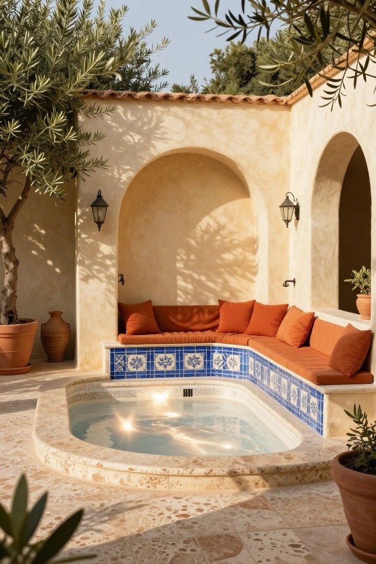 Curved inground pool with blue tiled edges and surrounding L-shaped built-in bench upholstered in orange cushions, in a beige stucco outdoor patio with olive trees, terracotta pots, and wall lanterns.