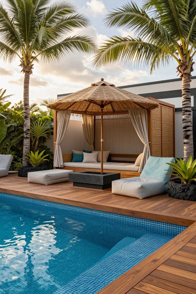 Wooden deck beside a blue mosaic inground pool with a thatched-roof cabana featuring draped cream curtains, cushioned bench, pillows, poufs, stone fire pit, and tropical plants under palm trees.