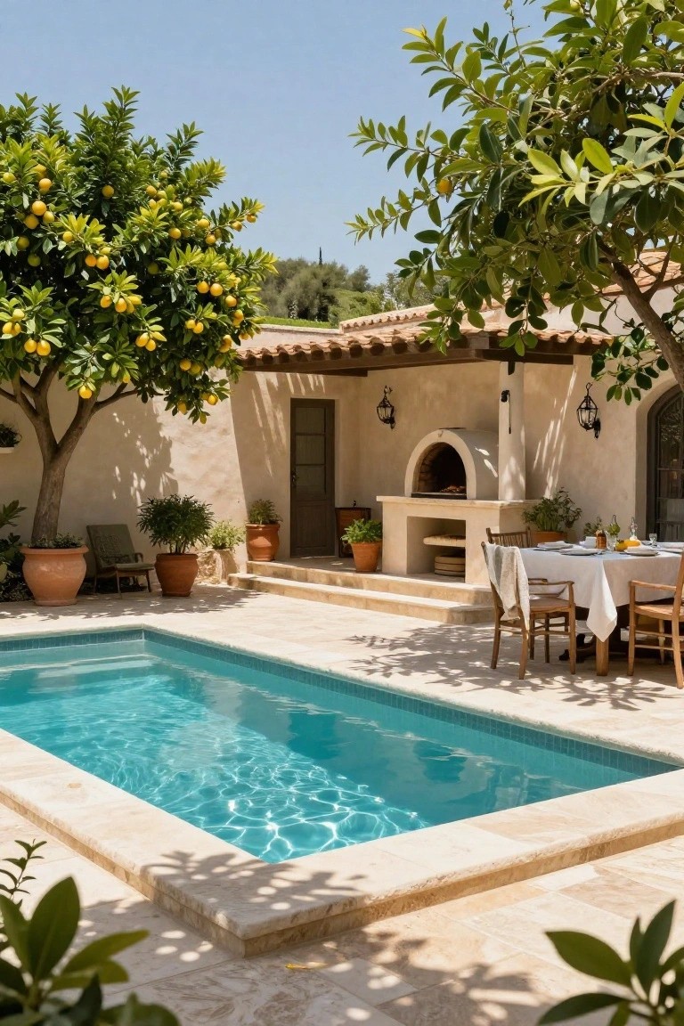Rectangular turquoise inground pool surrounded by beige stone tiles in a courtyard patio, with lemon trees bearing yellow fruit, potted plants, wood-fired oven, lounge chair, and outdoor dining table set with white linens.