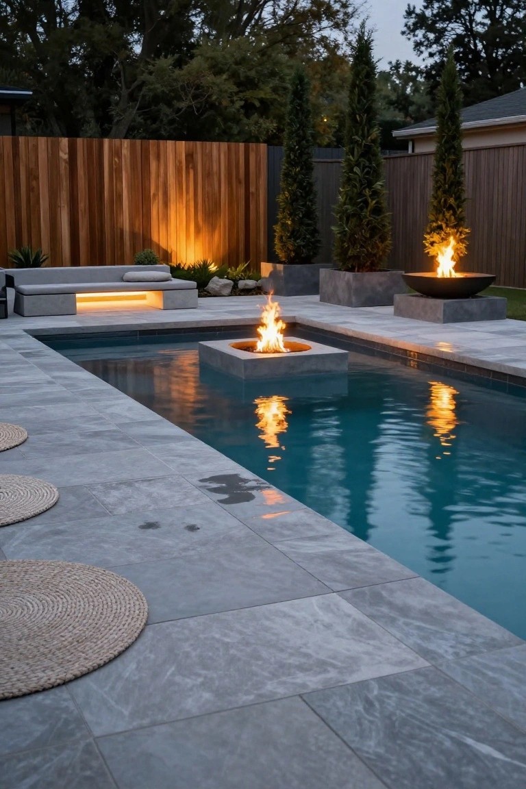 Inground pool with central square fire pit in the water, gray stone decking, two additional black fire bowls on concrete bases nearby, a low bench seat with cushions, potted plants, and tall trees against a wooden fence at dusk.