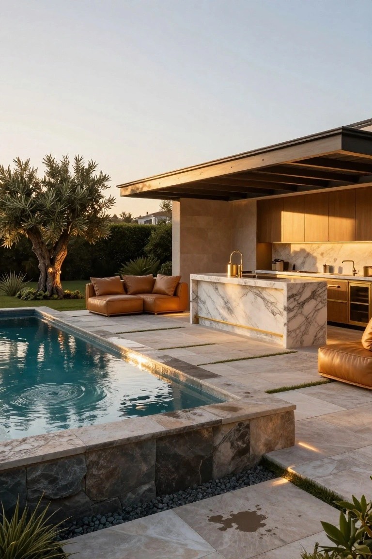 Outdoor inground pool with adjacent modern kitchen island of white marble and gold accents, wood cabinets, tan leather sofas, travertine paving, stone walls, and surrounding landscaping.