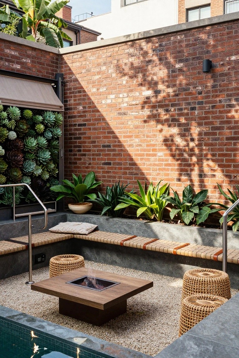Outdoor poolside lounge area with central wooden fire table on gravel, surrounded by built-in cushioned benches, rattan stools, potted plants, vertical succulent wall, brick walls, and edge of inground pool.