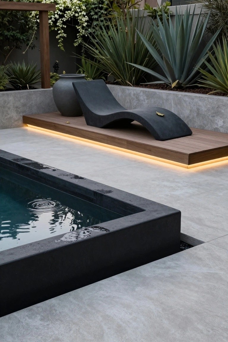 Inground pool with black concrete edging and water ripples, adjacent to light gray tiled patio and elevated wooden platform with curved black chaise lounge, large gray ceramic pot, and agave plants nearby.