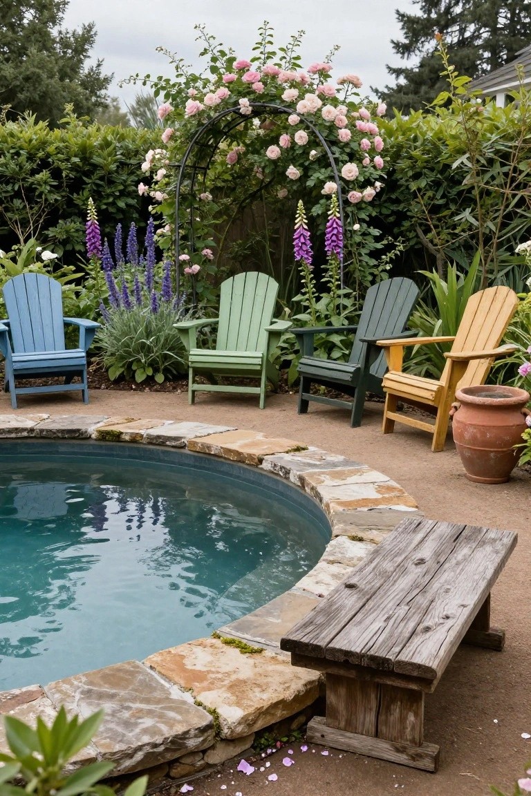 Small round inground pool with stone edging, surrounded by colorful wooden Adirondack chairs in blue, green, black, and yellow, purple foxglove plants, pink rose-covered metal arbor, green hedges, terracotta pots, and a weathered wooden bench.
