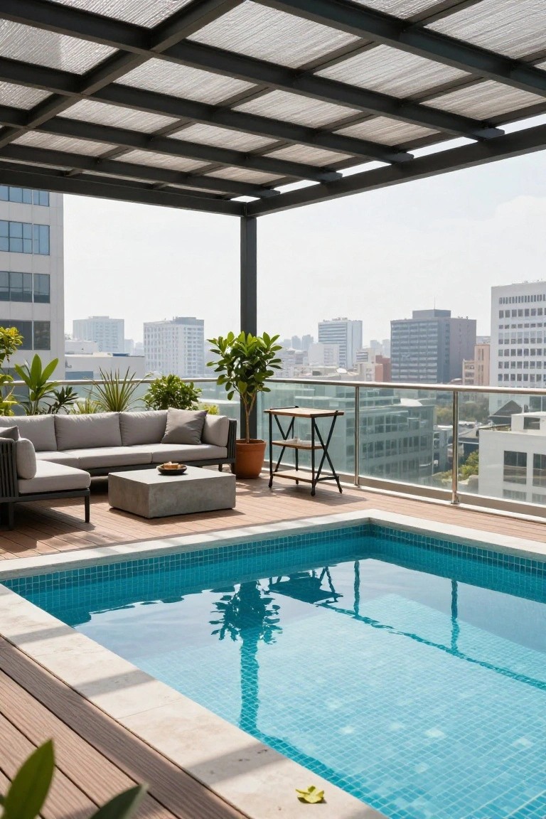 Rooftop terrace with small rectangular turquoise-tiled inground pool next to gray outdoor sofa and coffee table on wooden deck, potted plants around, metal pergola overhead, and high-rise buildings in background.