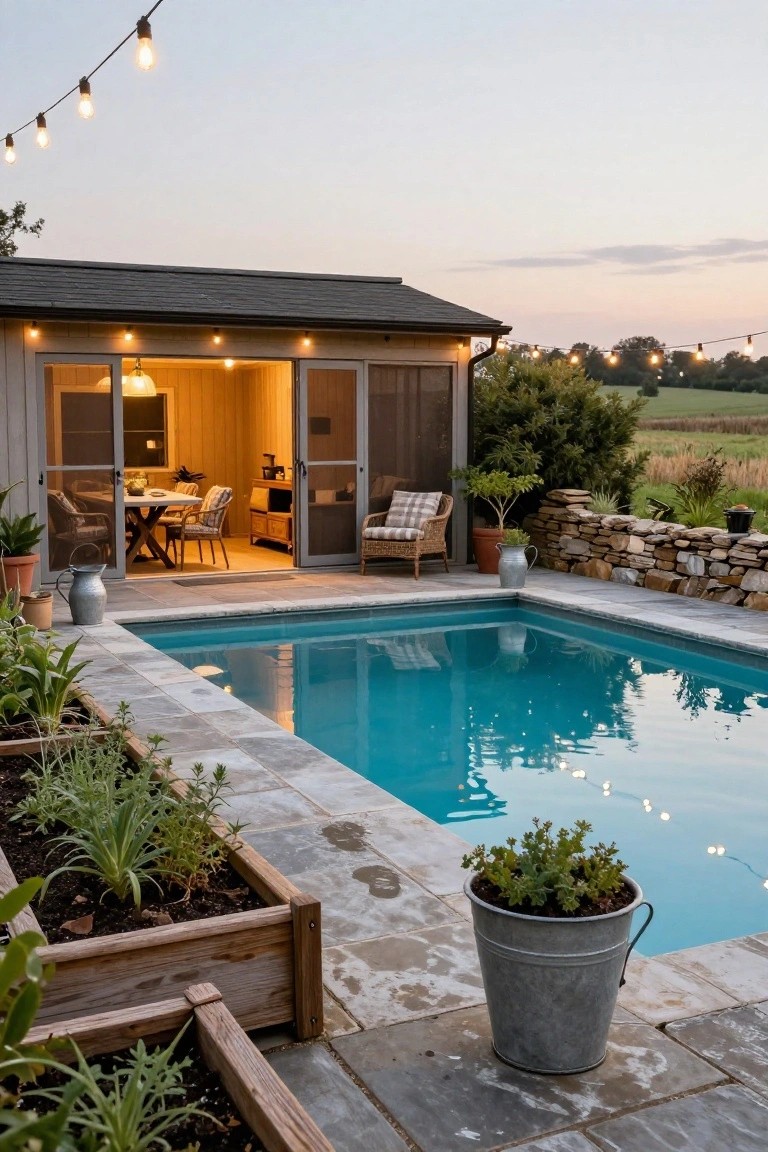 Inground pool with turquoise water bordered by gray stone pavers and wooden raised planters containing herbs and plants, next to an open screened wood pool house containing a dining table, chairs, and potted plants, with string lights overhead at dusk.