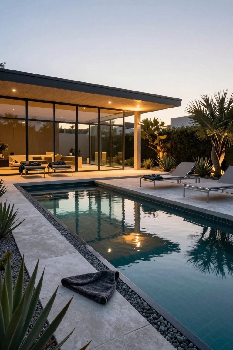 Narrow rectangular inground pool with teal water on a light stone deck edged in black pebbles, two gray metal loungers with towels nearby, agave plants along the edge, and a modern glass-walled house behind at dusk.