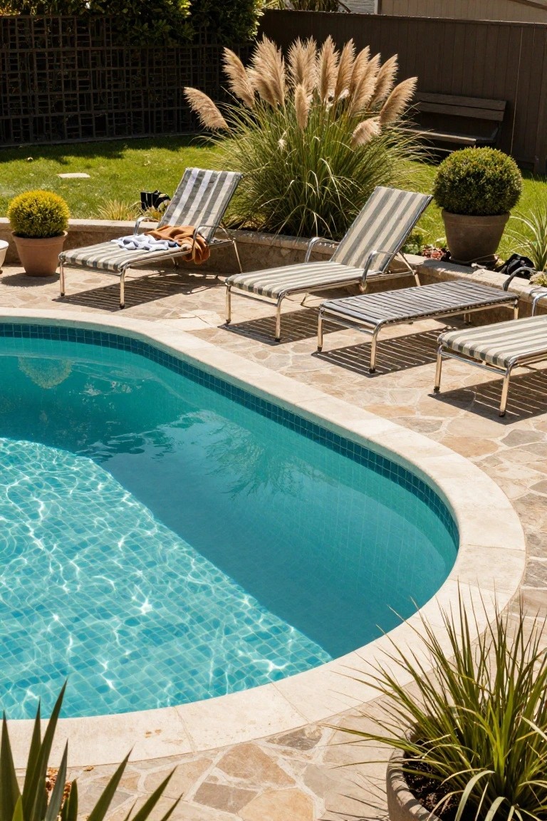 Curved turquoise-tiled inground pool edged in light stone pavers with a lineup of white-and-gray striped metal lounge chairs, towels draped on some, potted plants, and tall ornamental grasses nearby.