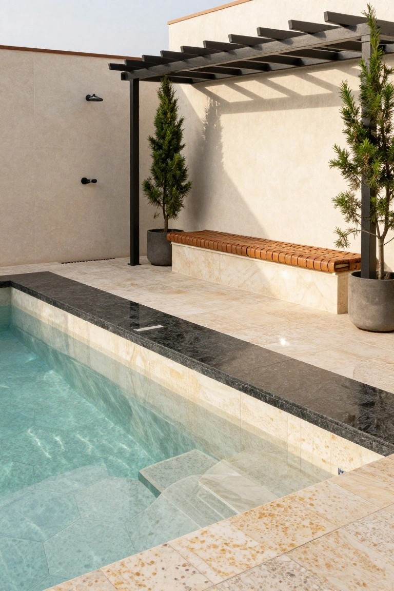 Rooftop pool with black granite waterline coping, light travertine deck tiles, wooden bench seating, potted cypress trees, and an outdoor shower under a pergola structure.