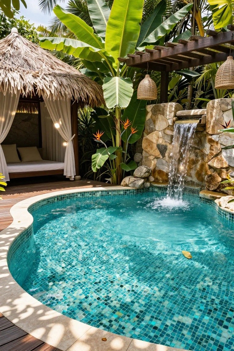 Curved turquoise mosaic-tiled plunge pool with a stone waterfall flowing into it, adjacent to a thatched cabana bed and surrounded by tropical plants on a wooden deck.