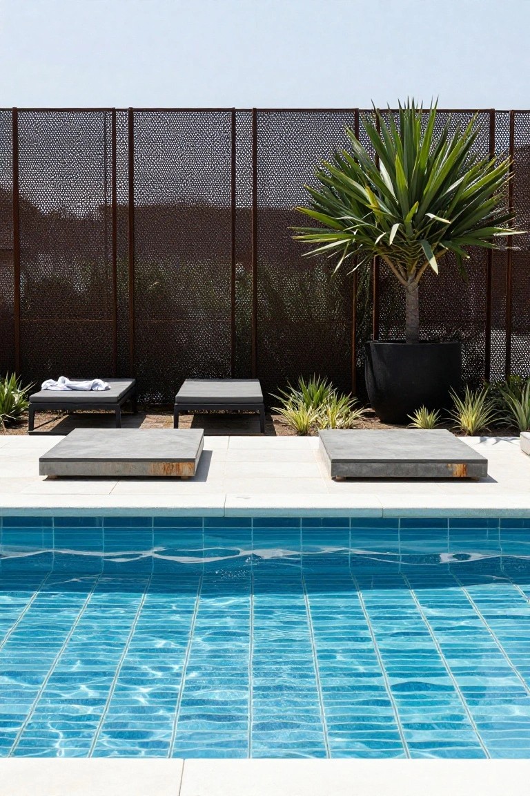 Backyard infinity-edge pool with bright blue mosaic waterline tiles on white concrete decking, flanked by gray square loungers and tables, black potted palm tree, and rusted metal screen fence with agave plants.