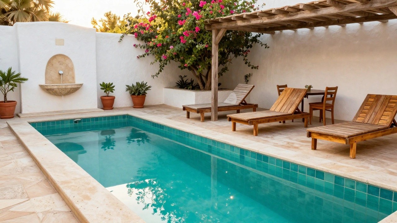 Narrow rectangular plunge pool with turquoise mosaic tiles and travertine decking, flanked by wooden loungers, potted plants, a fountain, and bougainvillea on a pergola in a white-walled courtyard.
