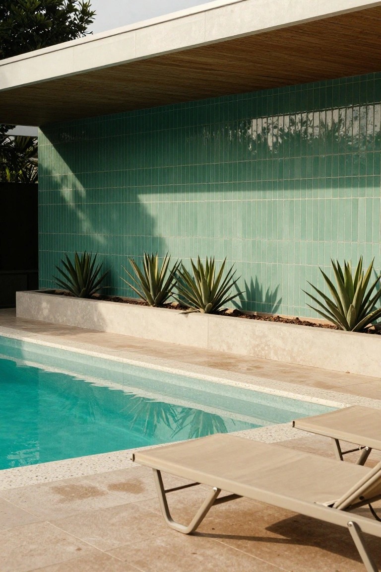 Outdoor pool with turquoise water edged in light tiles, a tall green vertical tile wall behind agave plants in concrete planters, and two beige lounge chairs on beige stone decking.