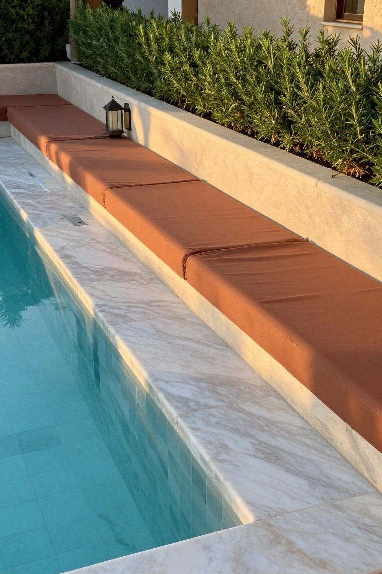Pool edge with white veined marble coping topped by rust-colored cushioned benches, flanked by rosemary hedges and a wall-mounted lantern.