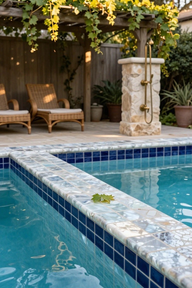 Close view of a swimming pool edge featuring blue mosaic waterline tiles and white veined stone coping with a yellow-green leaf on top, wicker chairs under a vine-covered pergola in the background.