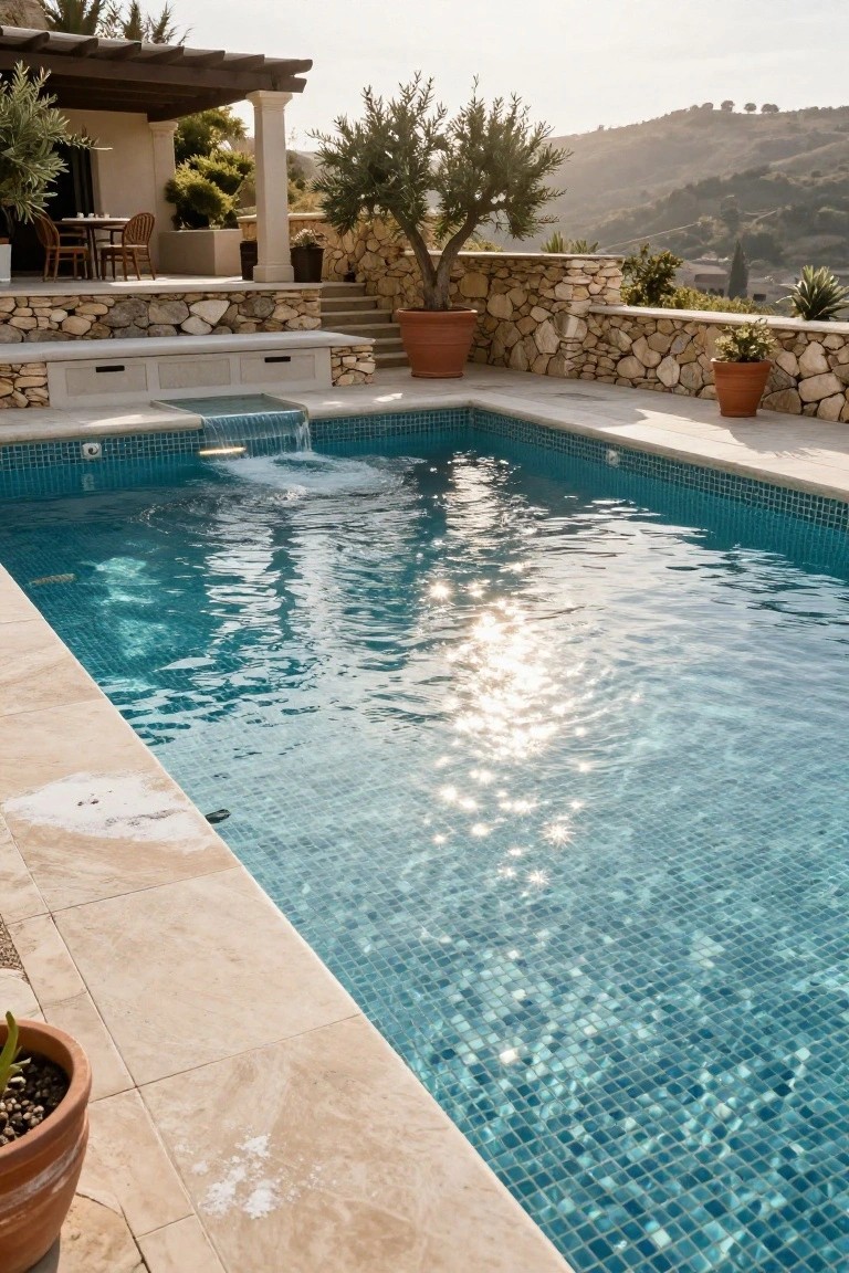 Rectangular pool with blue mosaic waterline tiles and waterfall edge, surrounded by beige stone deck, potted plants, olive trees, pergola, and rocky hillside in late afternoon light.