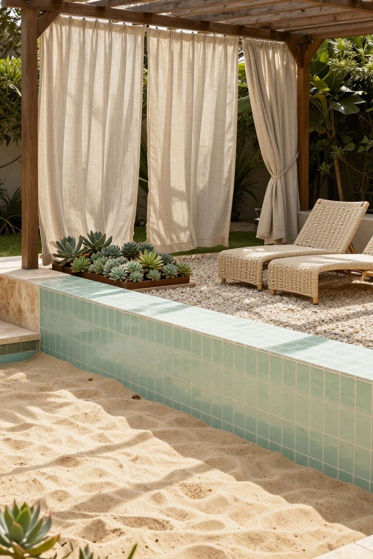 Pool edge with light turquoise tiles adjacent to a sandy beach area, two beige woven loungers under a wooden pergola with draped white curtains, succulents in a rectangular planter, and tropical greenery nearby.
