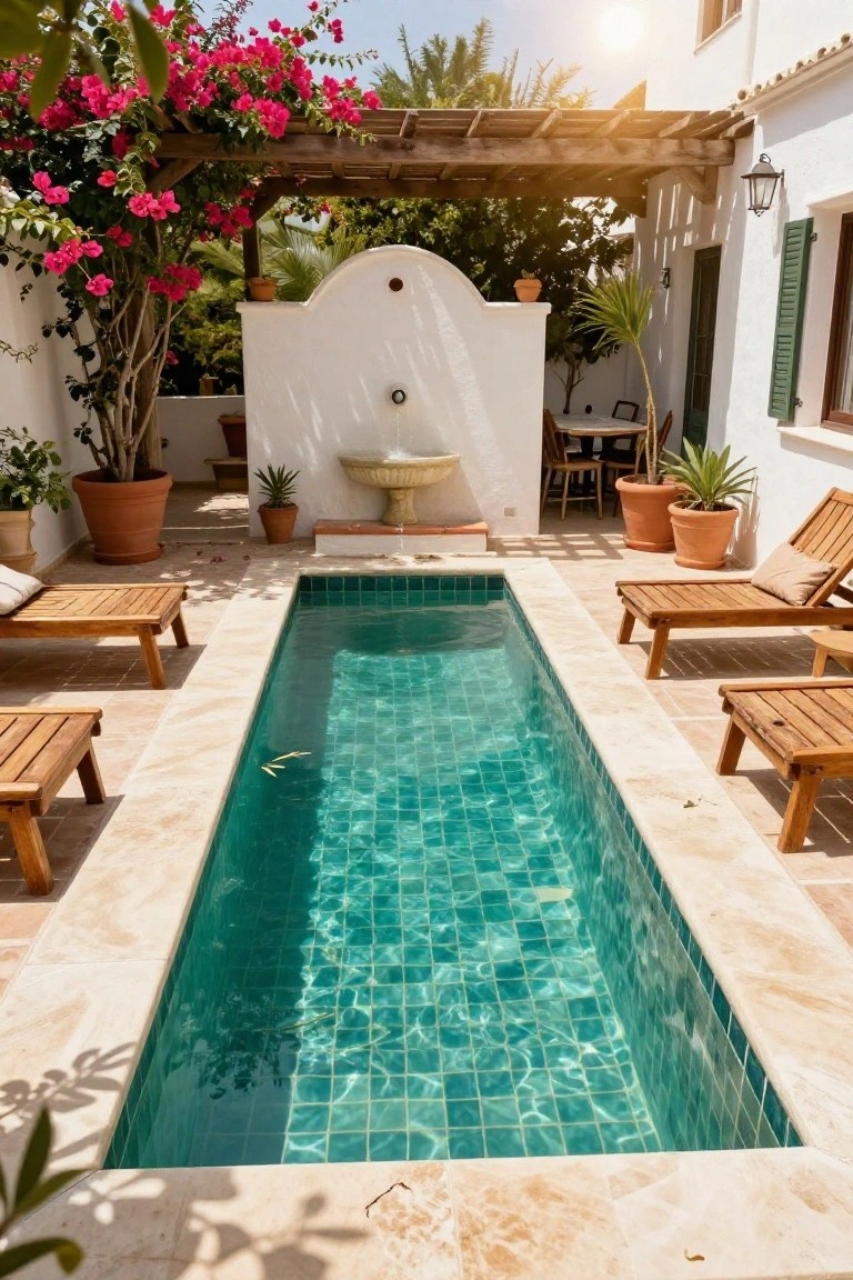 Narrow rectangular plunge pool with turquoise mosaic tiles and travertine decking, flanked by wooden loungers, potted plants, a fountain, and bougainvillea on a pergola in a white-walled courtyard.