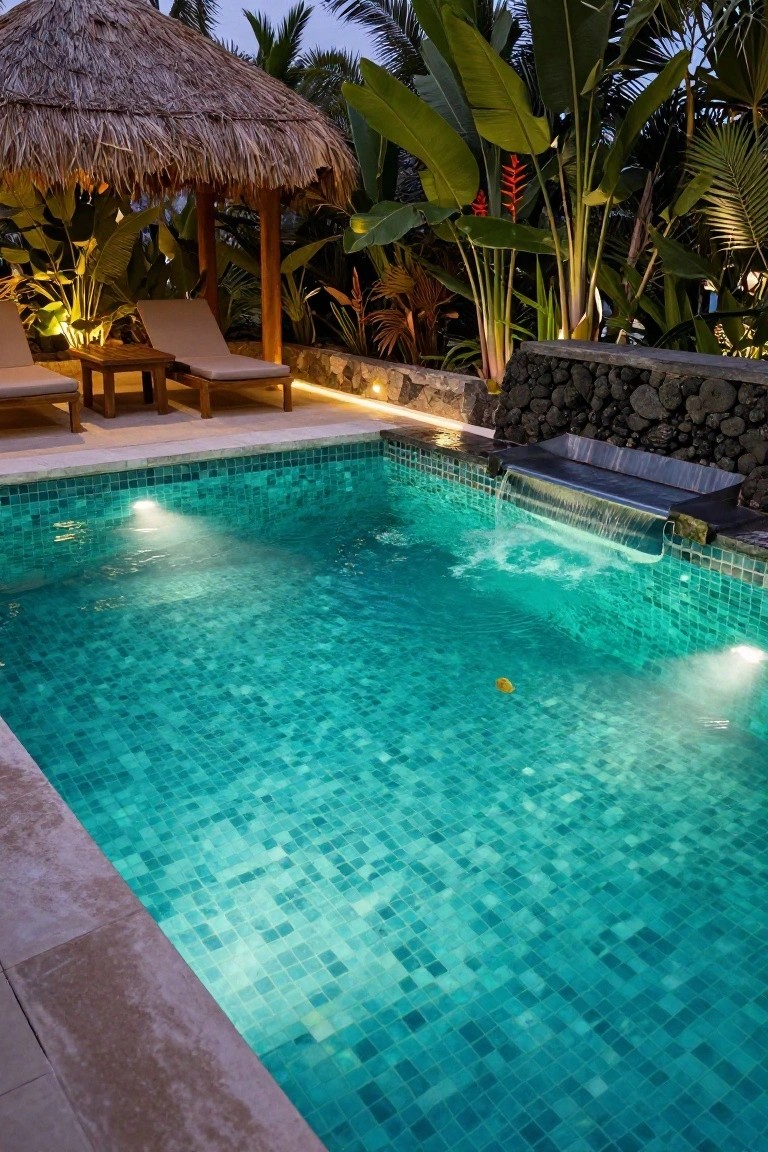 Nighttime photo of a turquoise mosaic-tiled pool with waterline edge, waterfall feature, thatched cabana, lounge chairs, and surrounding tropical plants and lava rock wall.