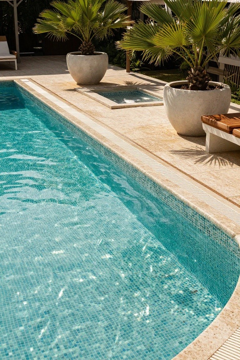 Close-up of a pool edge featuring turquoise glass mosaic tiles at the waterline, with beige stone decking, large white potted palms, a spa tub, and a wooden bench.