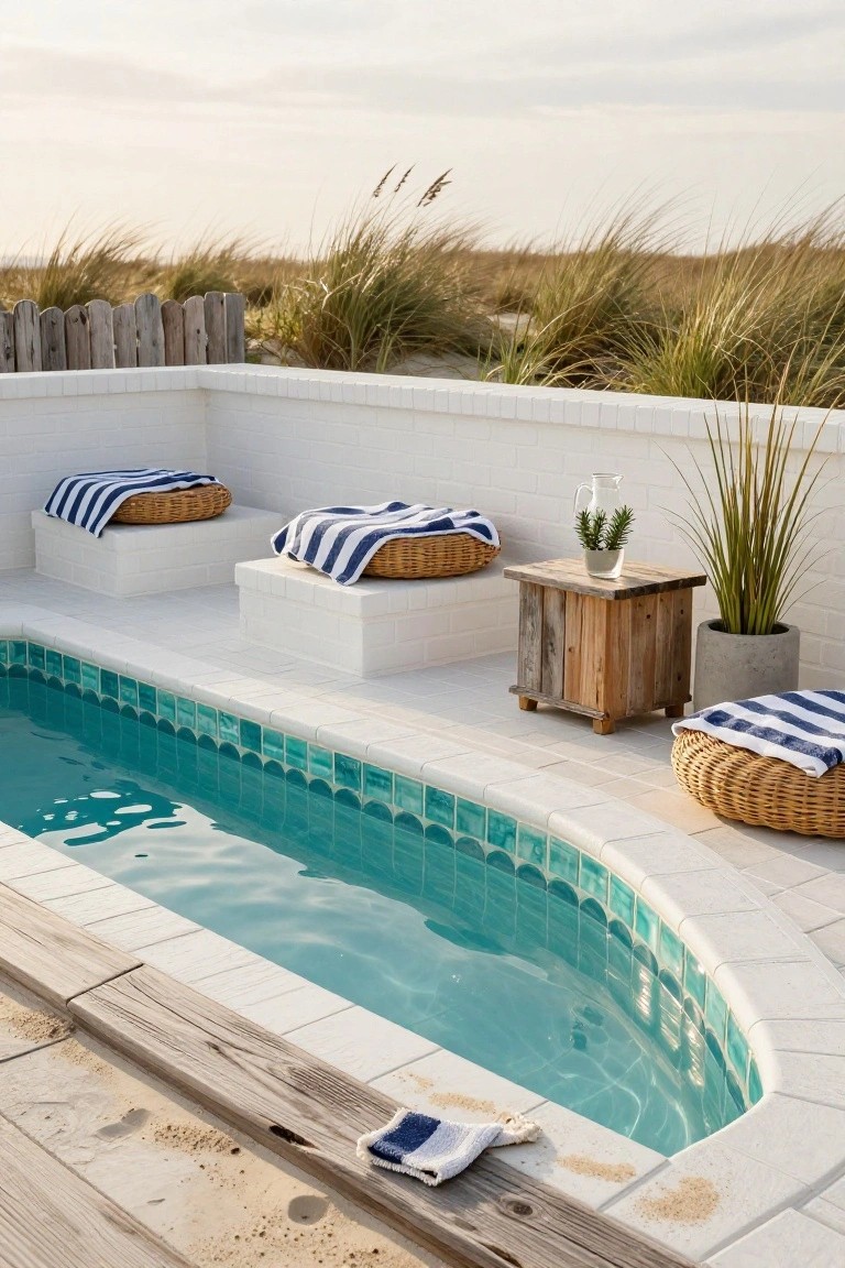 Small curved pool with turquoise scalloped waterline tiles, white brick walls, wooden benches topped with blue striped towels and wicker seats, driftwood table, potted plants, and beach dunes in the background.