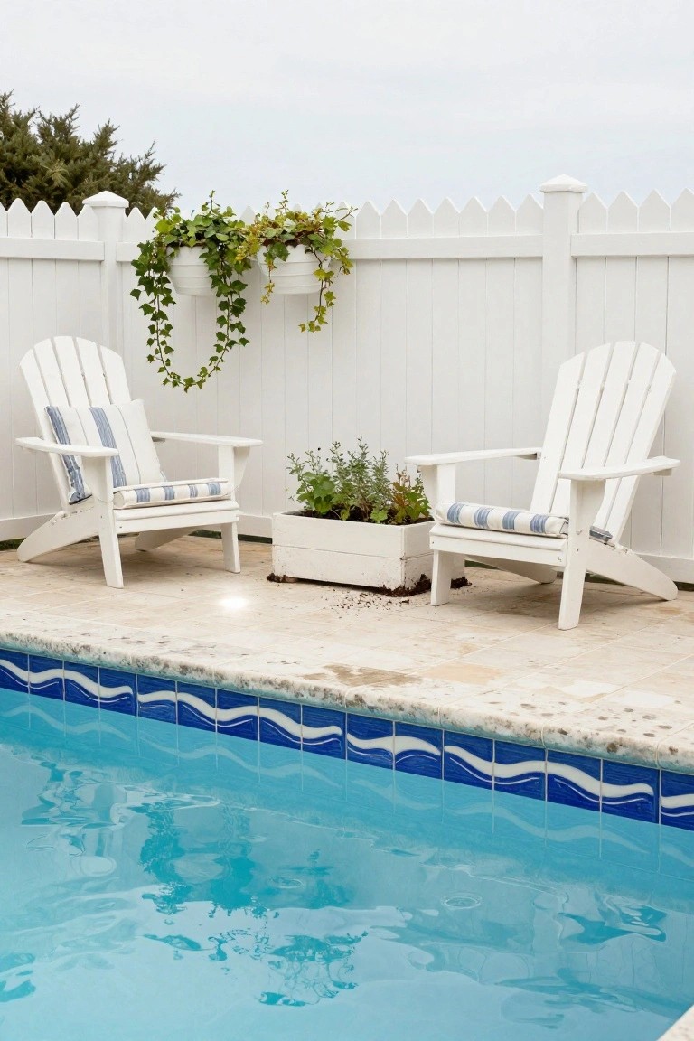 Two white Adirondack chairs with blue-and-white striped cushions on a beige stone pool deck beside a rectangular pool edged in wavy blue tiles, with a white picket fence draped in ivy and potted herbs in the background.