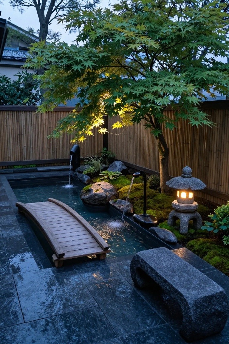 Semi-inground pool with arched wooden bridge crossing over it, dark wet pavers surrounding, rocks, moss, stone lantern, bamboo fence, and maple tree in evening light.
