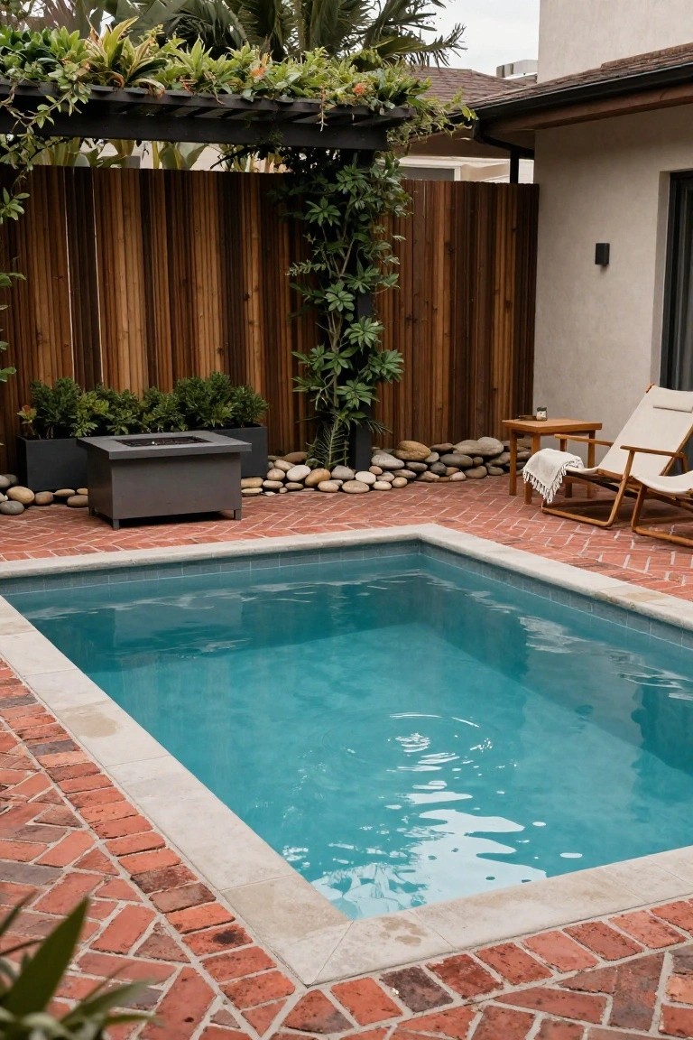 Small rectangular semi-inground pool with white coping and red brick paver surround, adjacent fire pit in black planter boxes, wooden fence, lounge chairs on wooden deck, and tropical plants in a backyard setting.