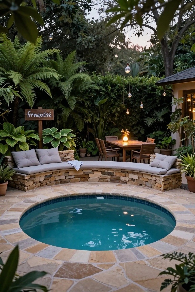 Semi-inground turquoise pool with curved flagstone bench seating topped by gray cushions, surrounded by irregular paver patio, wooden dining table with chairs, lush tropical plants, hanging globe lights, and a sign reading 