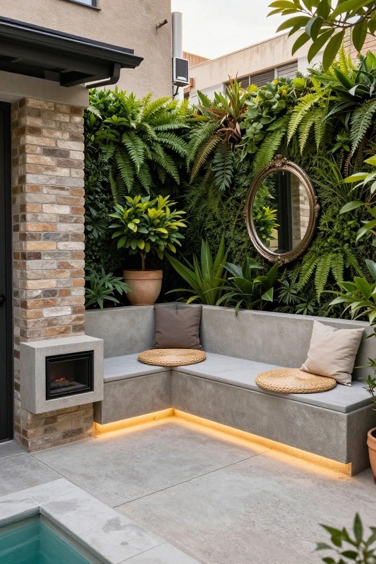 Built-In Poolside Bench with Fire Pit