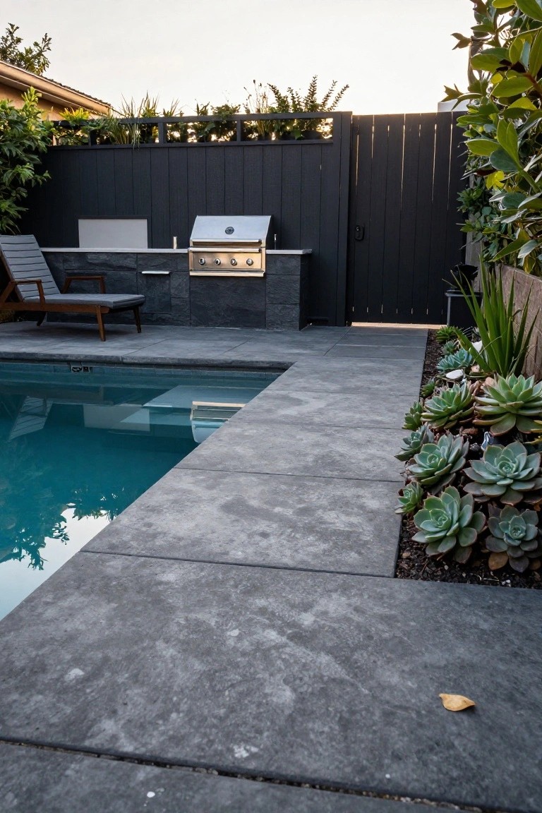 Semi-inground pool with dark gray paver decking along the edge, built-in stainless steel BBQ grill nearby, wooden lounge chair, black slatted fence, and succulent plantings in a narrow bed.