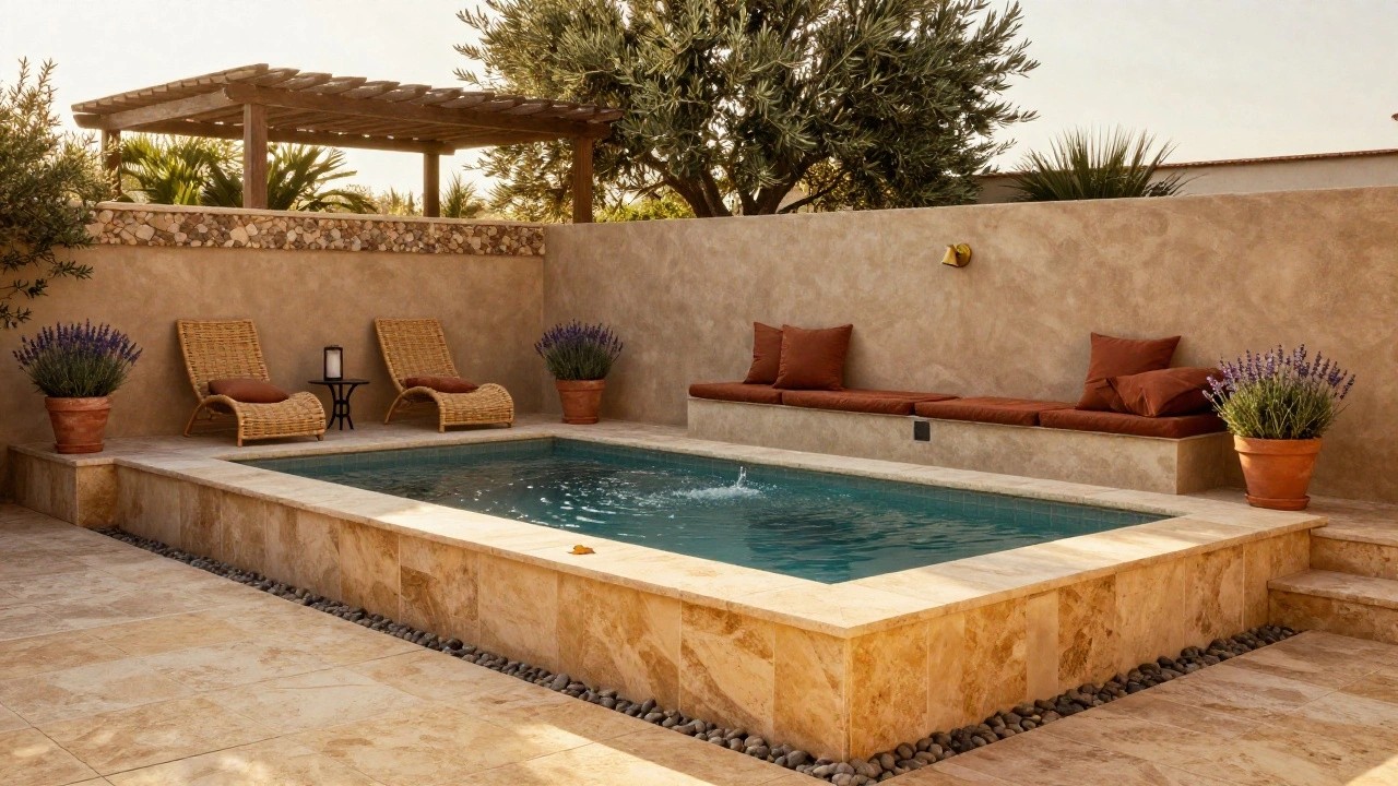 Semi-inground pool surrounded by beige travertine pavers, with rattan loungers, potted plants, and an olive tree against a stucco wall under a wooden pergola.