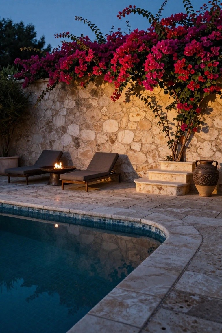 Curved semi-inground pool with blue mosaic tiles and beige paver decking, two dark loungers and a round fire table on the deck, adjacent stone wall covered in red bougainvillea, terracotta pot and steps nearby, at dusk.