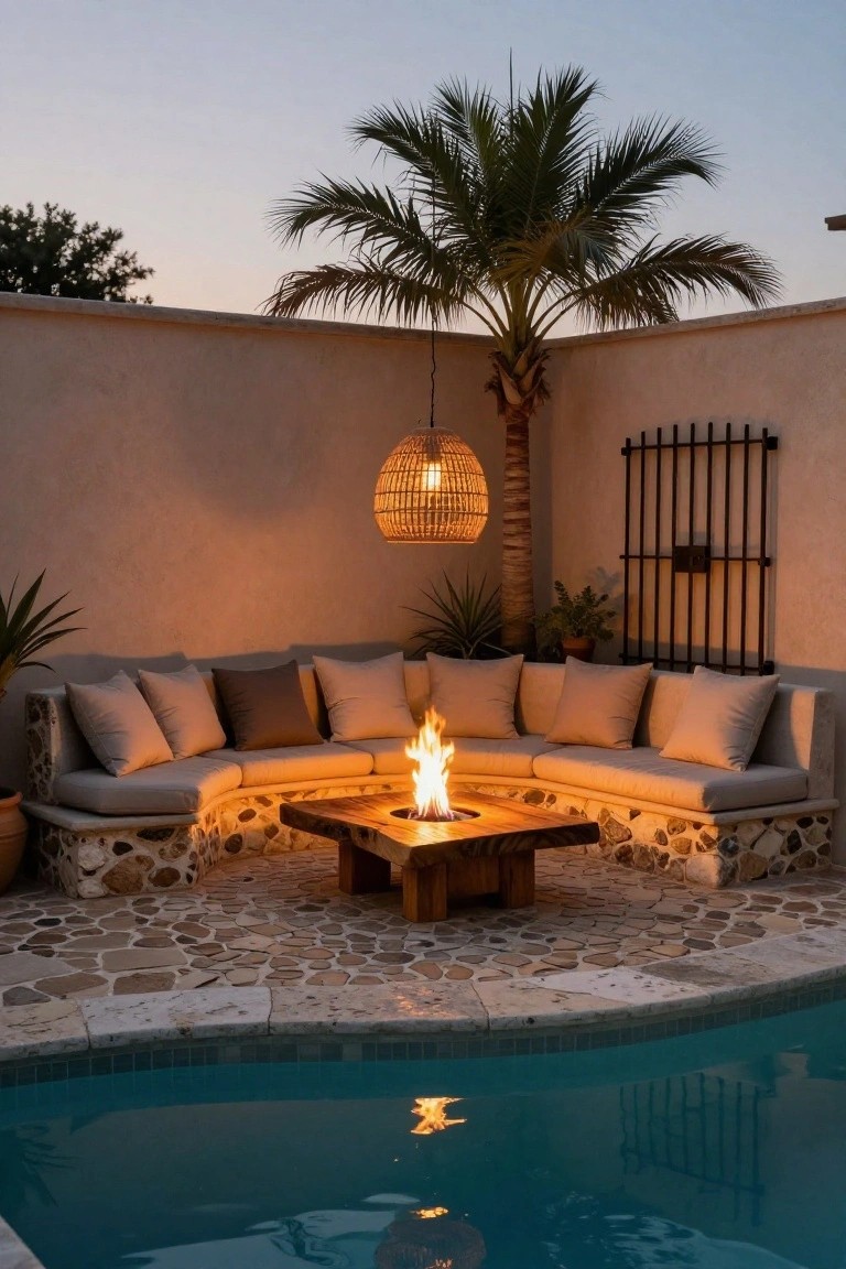 L-shaped beige couch on pebble stone bases surrounding a square wooden fire pit table in a paved outdoor pool area with palm tree, hanging lantern, and plants against a beige wall.