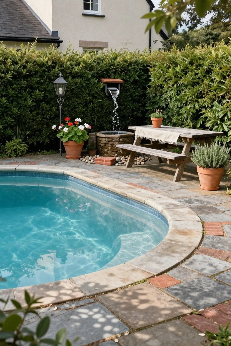 Semi-inground oval pool with blue tile edge surrounded by mixed gray and beige stone pavers, wooden picnic table with cloth, potted plants, fountain, and hedge wall in background.