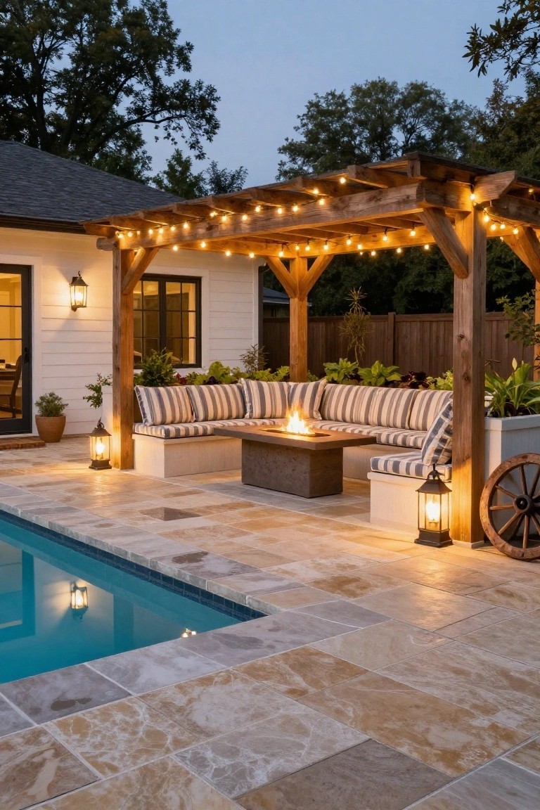 Wooden pergola with string lights over L-shaped cushioned bench seating around a lit gas fire pit table on beige veined paver patio next to a blue semi-inground pool at dusk, with lanterns, plants, and a house wall nearby.