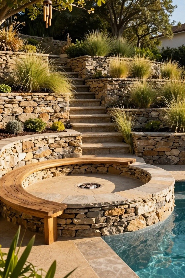 Curved wooden bench seating built into a low stone wall around a central fire pit beside a semi-inground pool, with terraced stone steps, pavers, and grasses in the background.