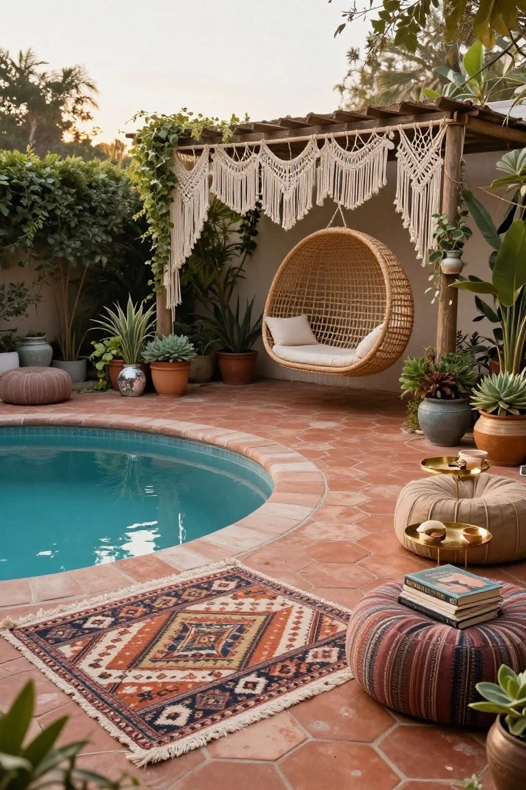 Semi-inground turquoise pool surrounded by hexagonal terracotta pavers, with a hanging rattan egg chair swing, beige and striped poufs, potted plants, macrame fringe on a wooden pergola, and tropical greenery.