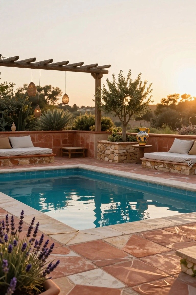 Semi-inground turquoise pool edged with terracotta pavers and white trim, flanked by built-in cushioned benches, stone walls, potted lavender, olive tree, yellow-glazed pottery, and wooden pergola with hanging lanterns against a sunset sky.