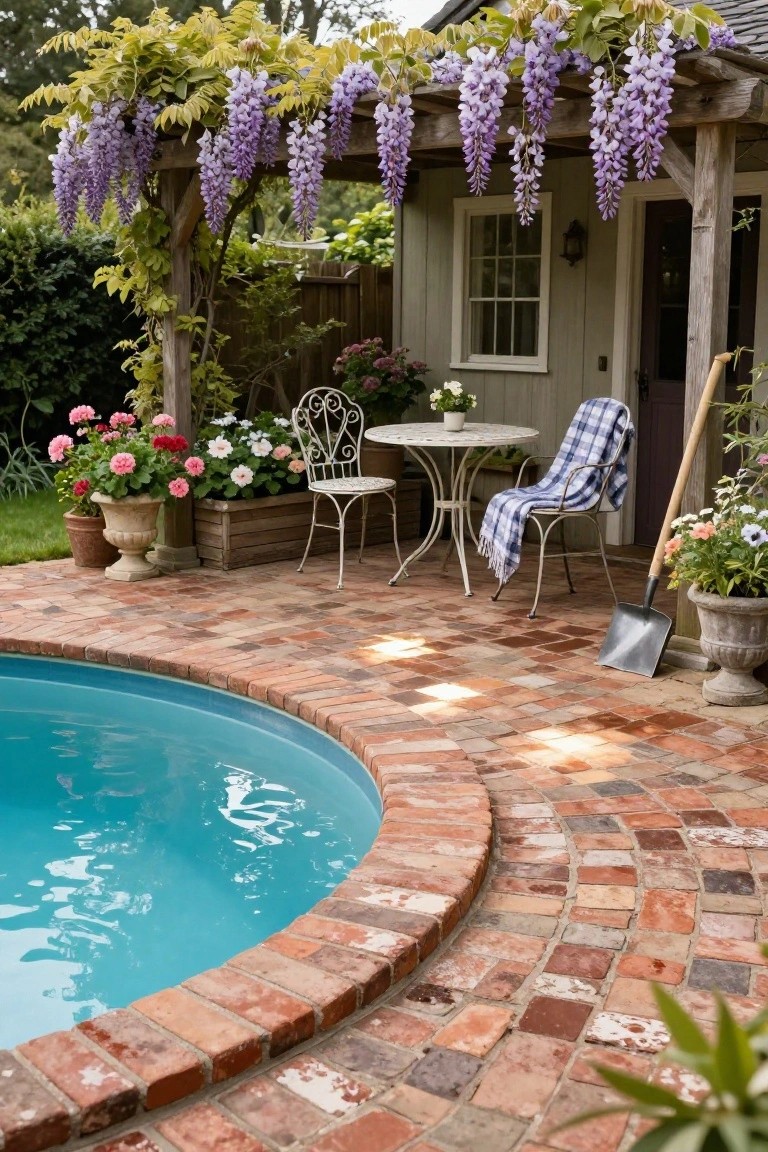 Semi-inground turquoise pool surrounded by irregular red and brown brick pavers on a curved patio, with a wisteria-covered wooden pergola, bistro table and chairs, potted plants, and a small green shed in the background.